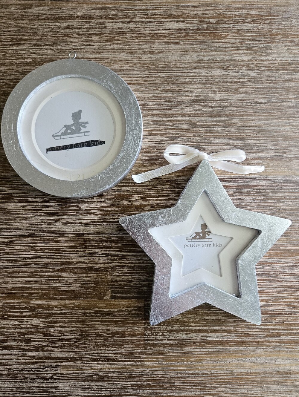 Pottery Barn Silverleaf Star And Circle Frame Ornament Pair